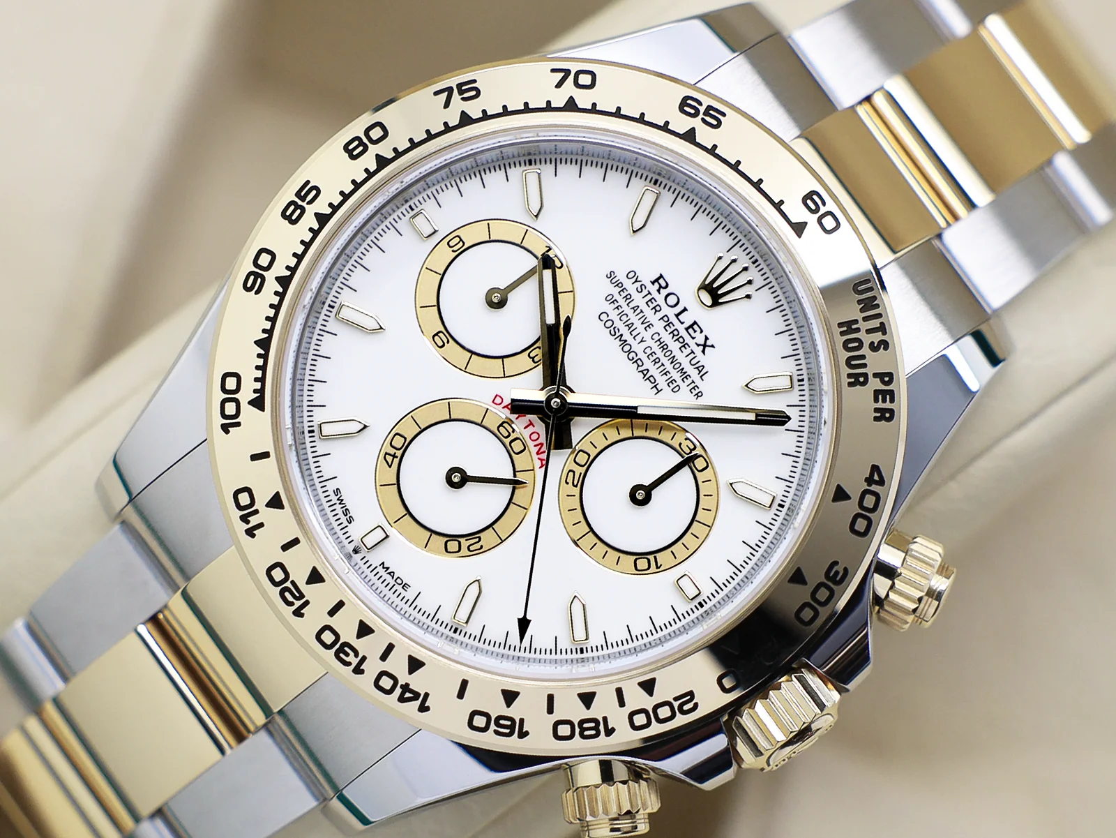 Rolex Daytona 126503 40mm Yellow Gold & Stainless Steel White Dial – Unworn 2026 Full Set 10 Rolex Daytona 126503 angled dial view