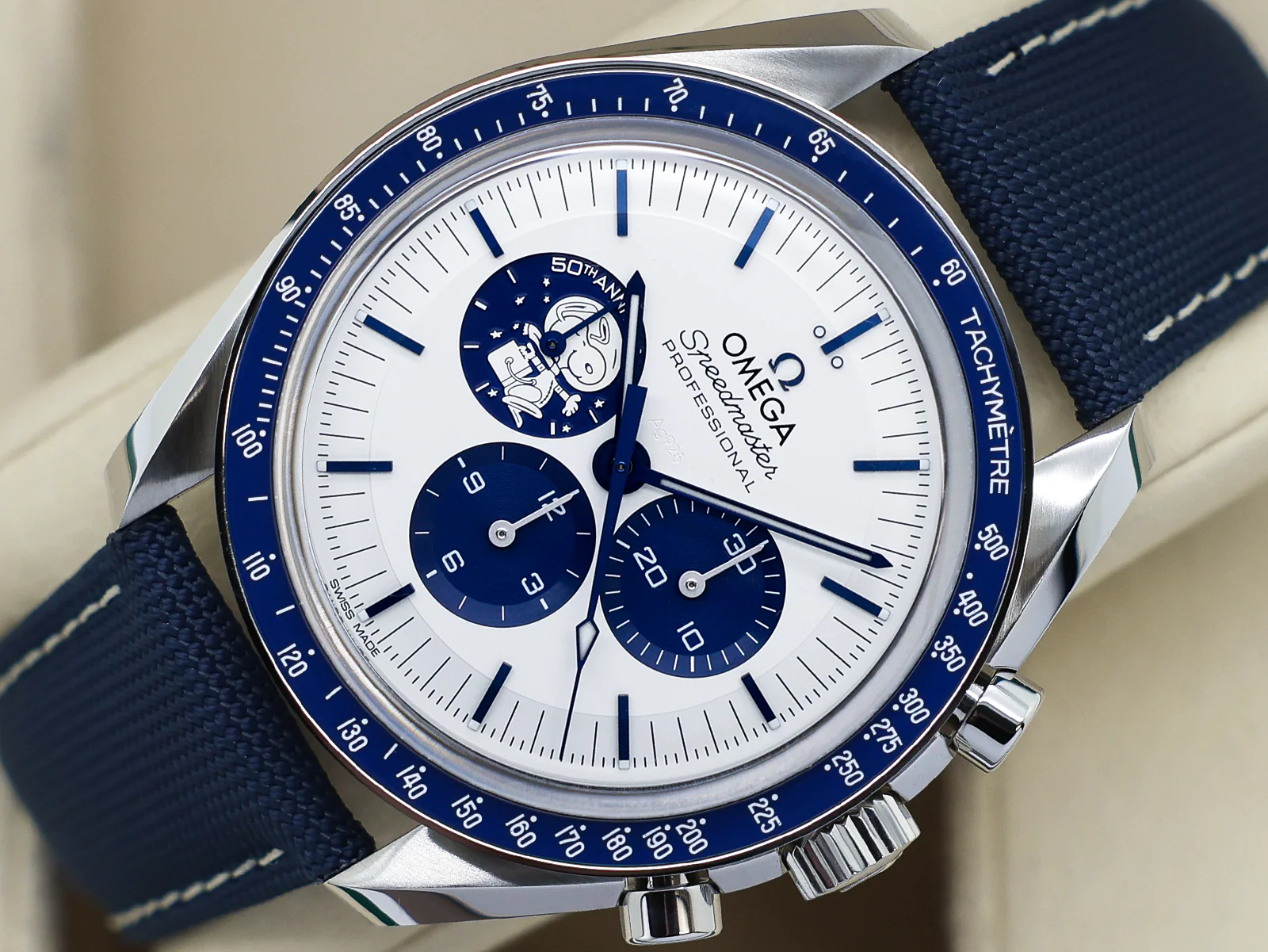 Omega Speedmaster Snoopy angled dial view