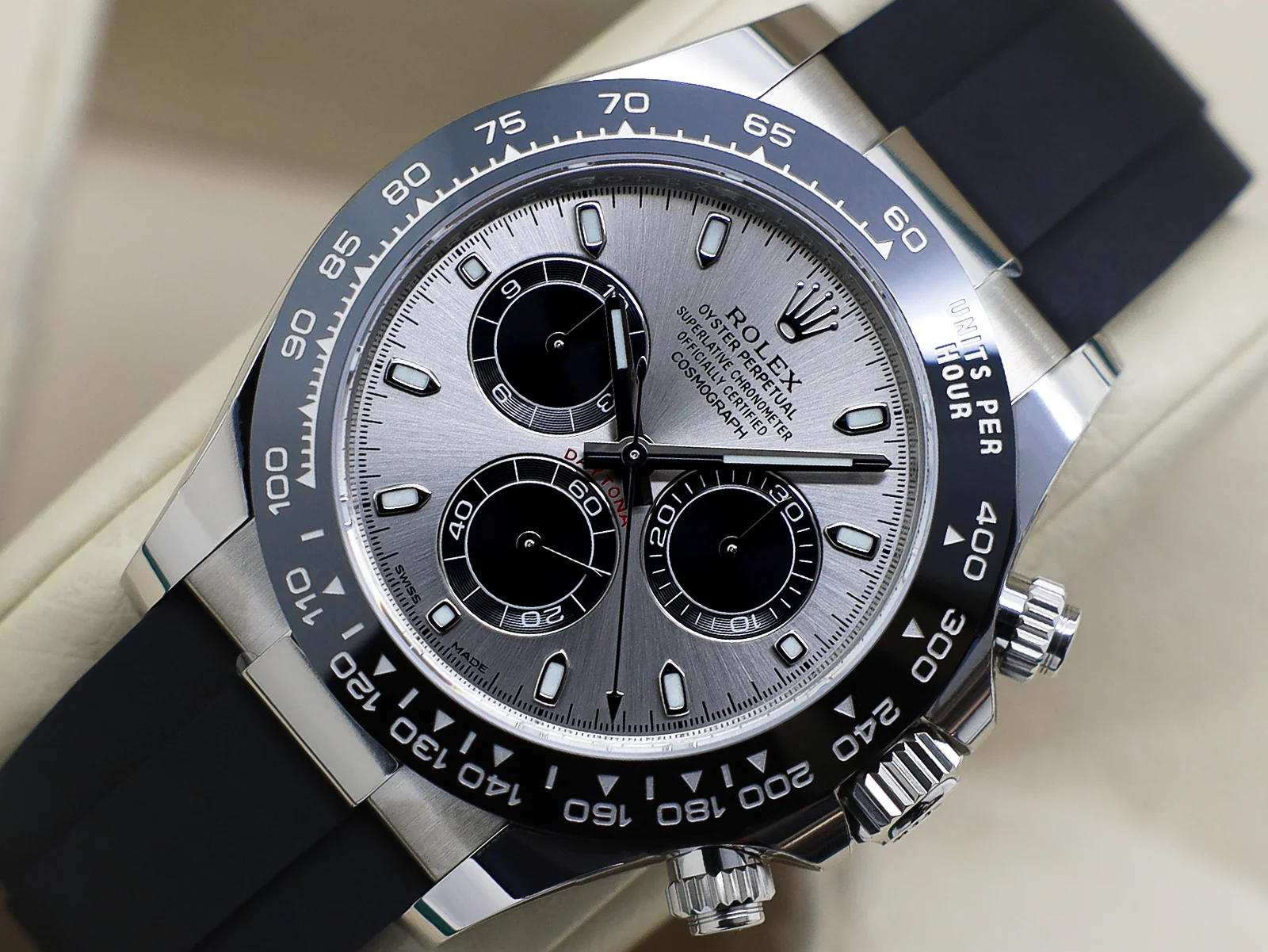 Rolex Daytona 116519LN “Ghost” 40mm White Gold Oysterflex Grey Dial – 2023 Full Set 10 Rolex Daytona Ghost angled dial view