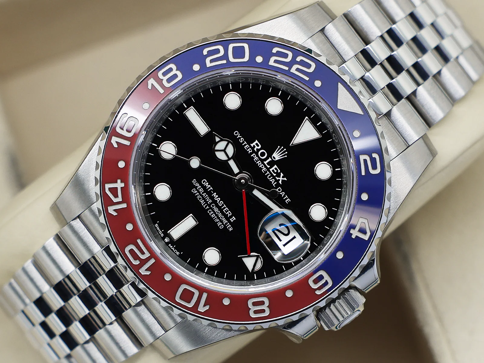 Rolex GMT-Master II 126710BLRO “Pepsi” MK1 40mm Stainless Steel – 2018 Full Stickers Box & Papers 4 Rolex GMT Master II Pepsi 126710BLRO angled view