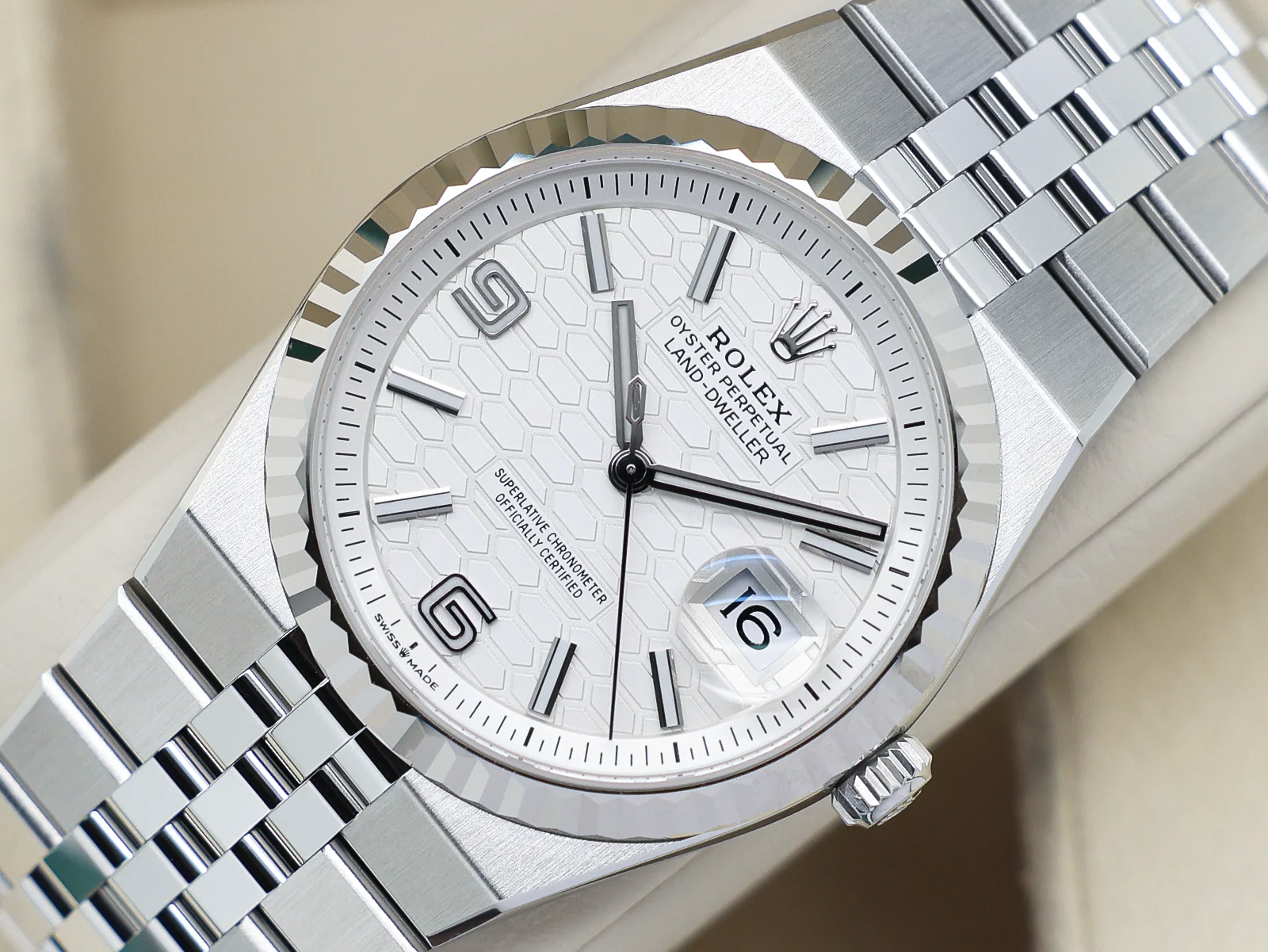 Rolex Land-Dweller 127234 Angle View Rolex Land-Dweller 127234 angled dial view