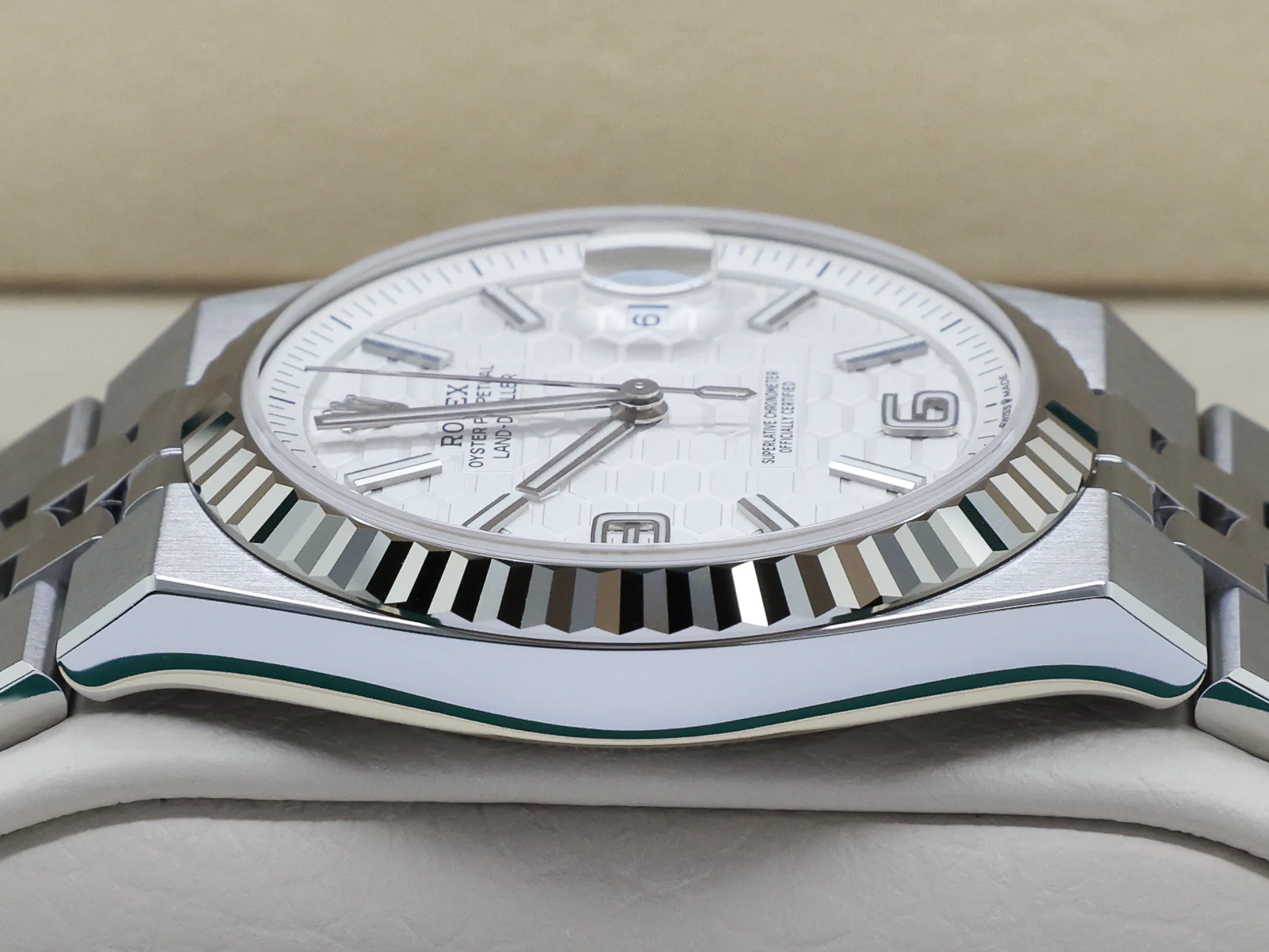 Rolex Land-Dweller 127334 40mm Stainless Steel White Honeycomb Dial – Unworn 2026 Full Set 4 Rolex Land-Dweller 127334 crown detail