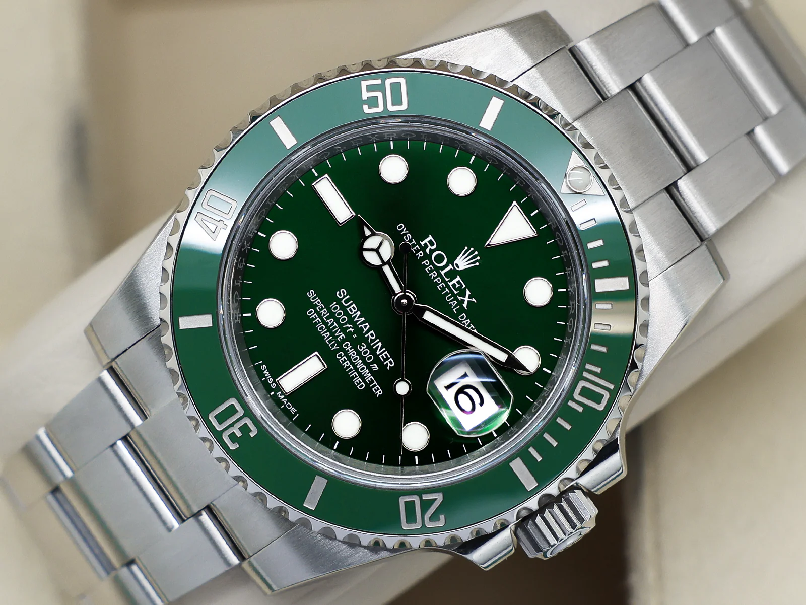 Rolex Submariner Date 116610LV “Hulk” 40mm Stainless Steel Green Dial – 2015 Full Set 9 Rolex Submariner Hulk angled dial view