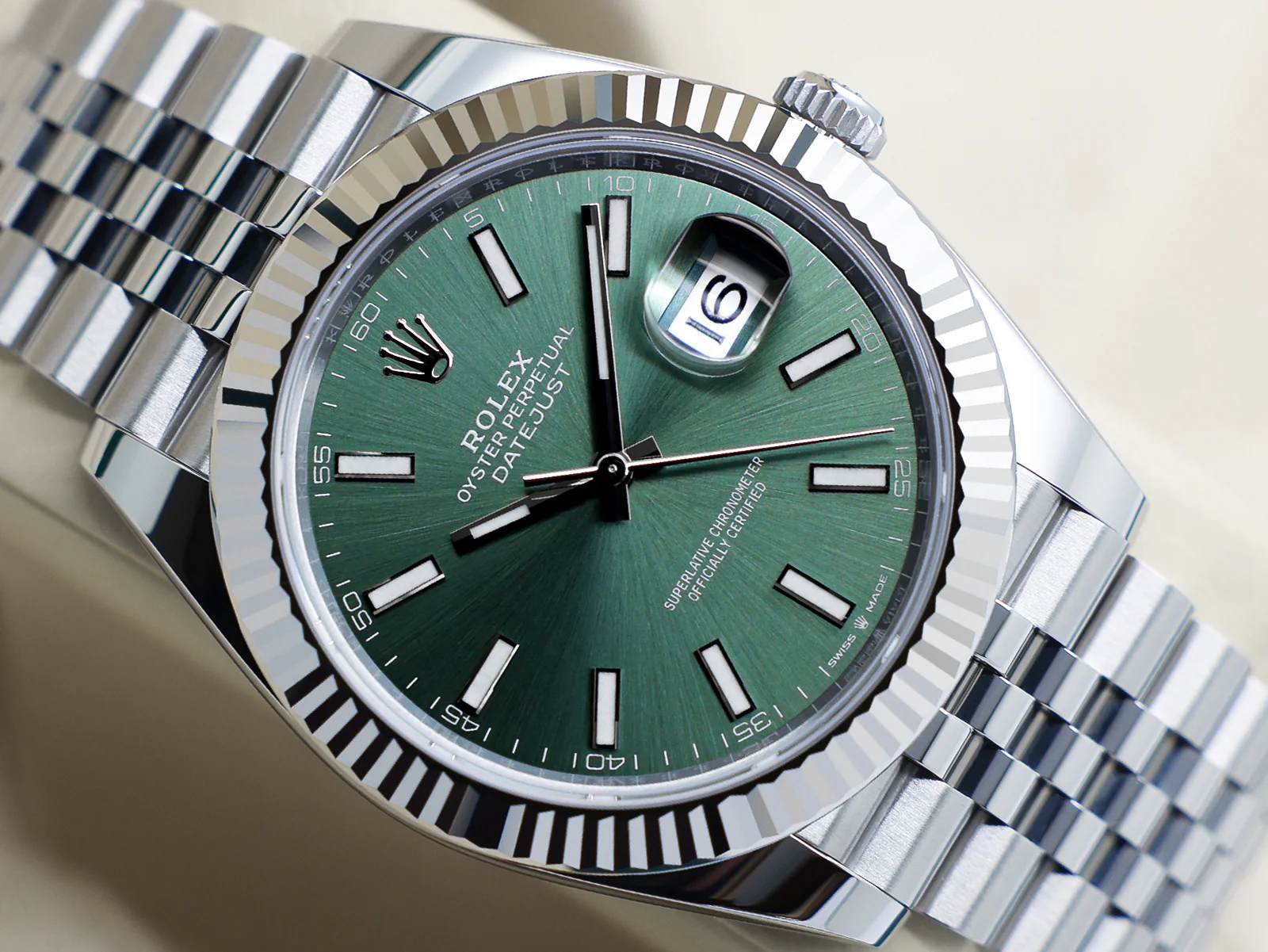 Rolex Datejust 126334 mint green dial front view