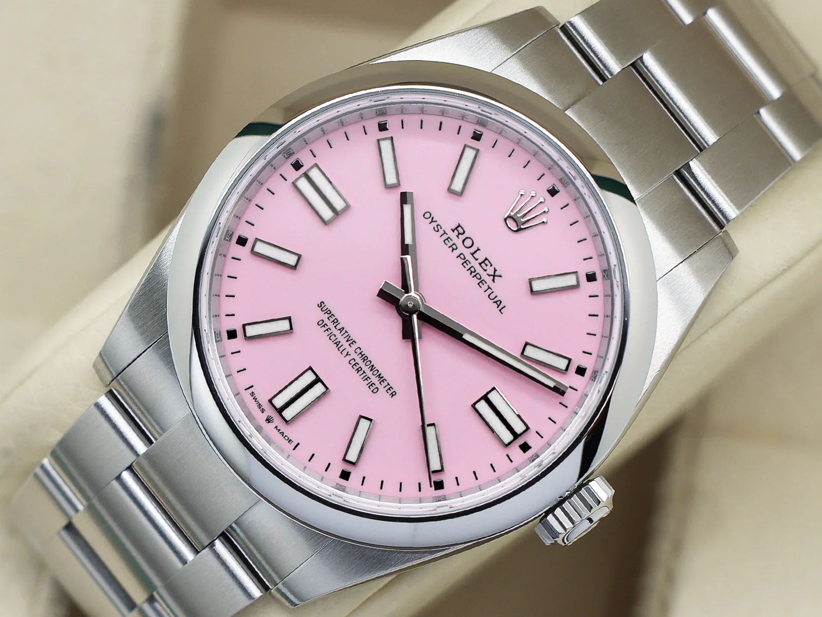 Rolex Oyster Perpetual 41 Candy Pink Dial 134300 Stainless Steel – Unworn 2026 Box & Papers 7 Rolex Oyster Perpetual stainless steel case side