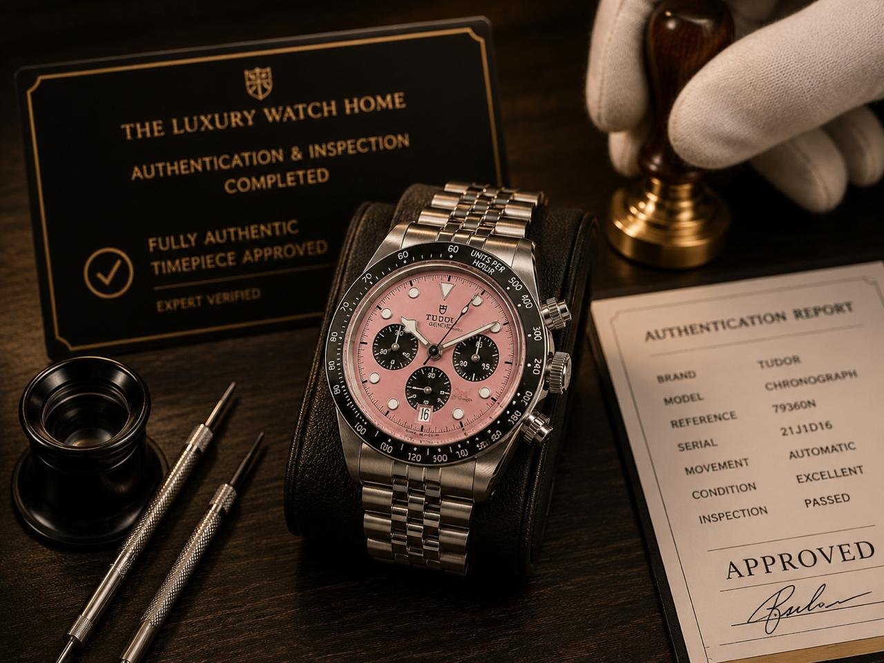 Final Luxury Watch Authentication Review Process Luxury watch authentication approval scene featuring Tudor chronograph with inspection documents and atelier tools