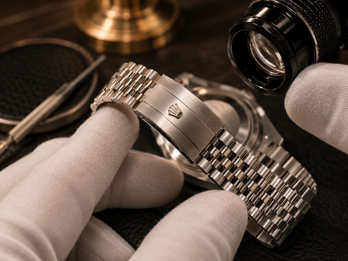 Luxury watch specialist inspecting Rolex Jubilee bracelet and clasp with white gloves under atelier lighting