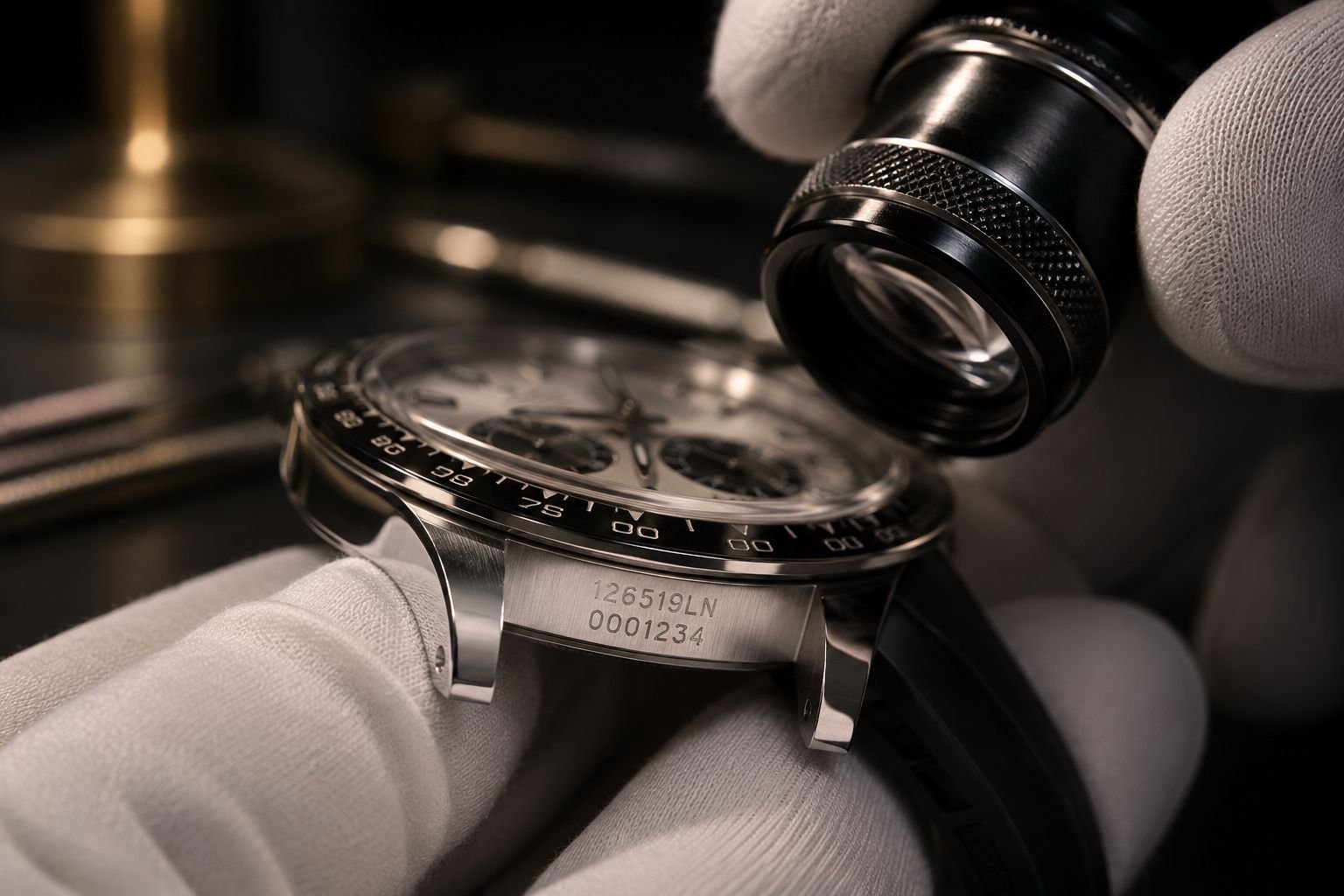 Luxury Watch Case and Serial Number Verification Process Luxury watch specialist inspecting Rolex Daytona case and serial number with loupe under atelier lighting