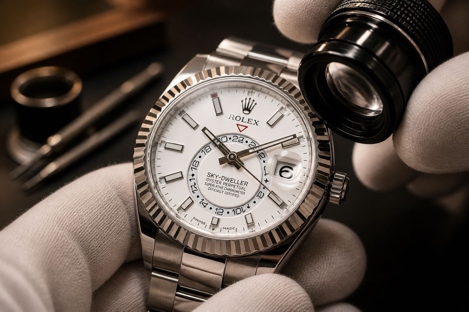 Luxury Watch Dial and Hands Examination Process Luxury watch specialist inspecting Rolex Sky-Dweller dial and hands with jeweler loupe under atelier lighting