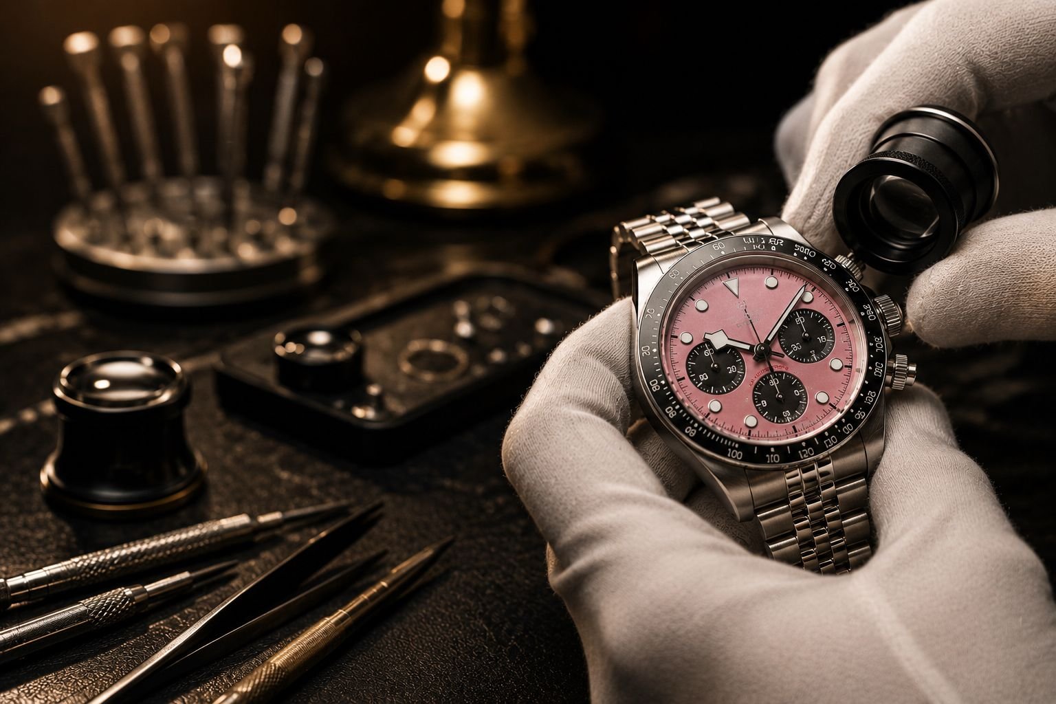 Luxury watch inspection process with gloved hands examining a pink dial chronograph watch under professional atelier lighting