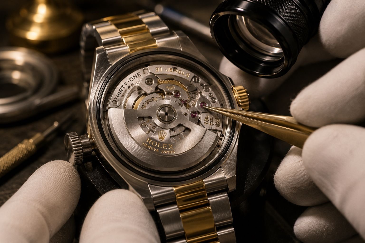 Luxury Watch Movement Authentication Process Luxury watchmaker inspecting Rolex Sea-Dweller mechanical movement with precision tools under atelier lighting