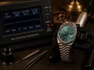 Luxury Watch Timekeeping Performance Testing Process Rolex Datejust luxury watch undergoing professional timekeeping performance testing on a timegrapher machine
