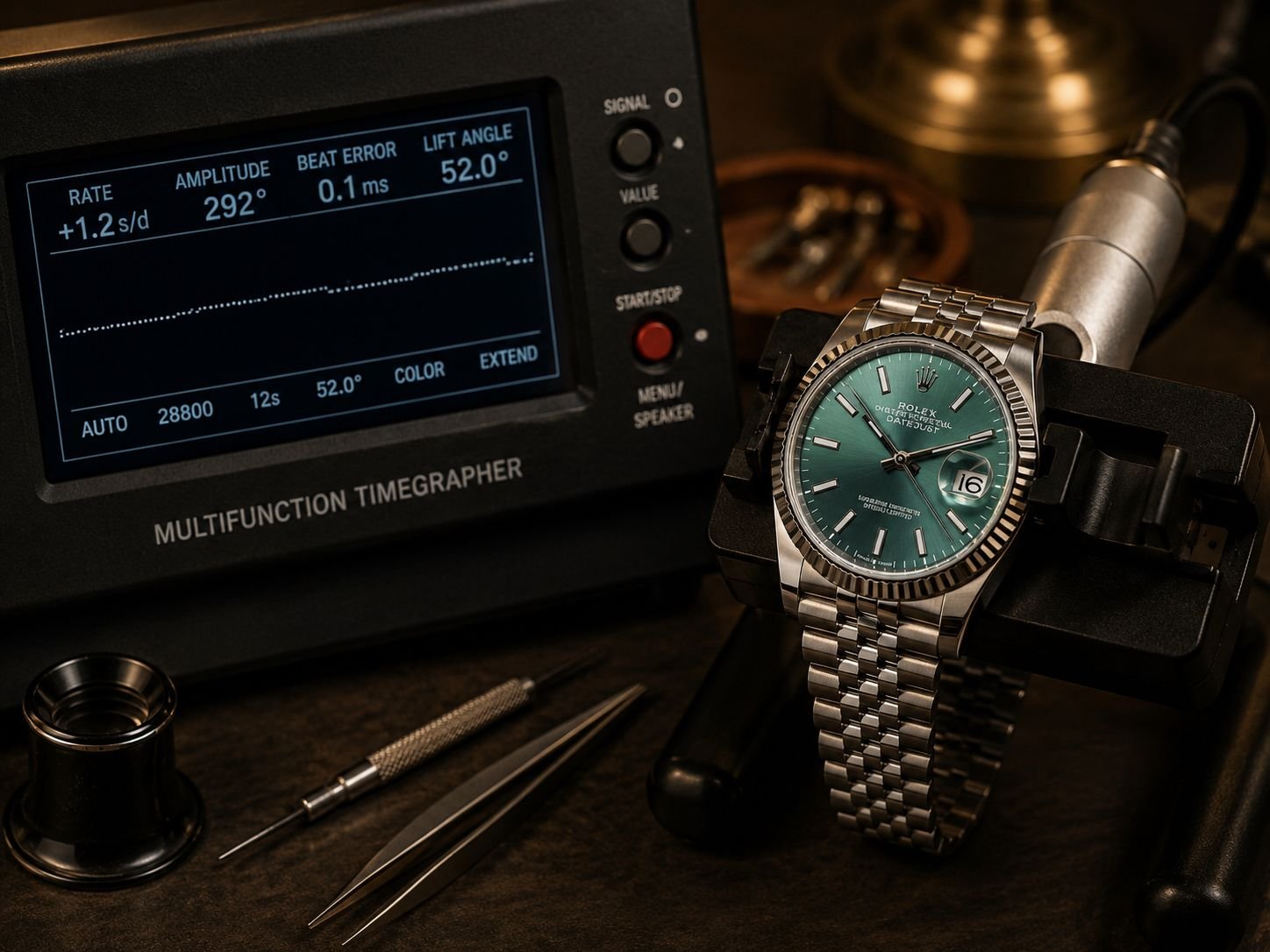 Rolex Datejust luxury watch undergoing professional timekeeping performance testing on a timegrapher machine