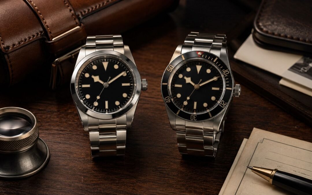 Rolex vs Tudor luxury watch comparison on a collector desk