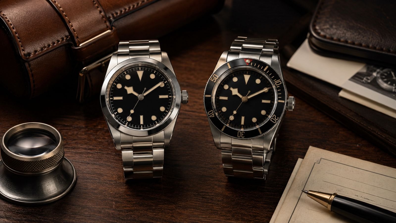 Rolex vs Tudor luxury watch comparison on a collector desk