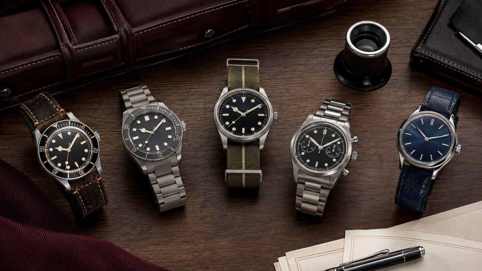 Tudor buying guide with luxury Swiss watches on a collector desk